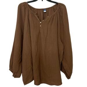 Old Navy Brown Cotton Gauze Peasant Blouse 3X Boho Balloon Sleeve NWT Relaxed